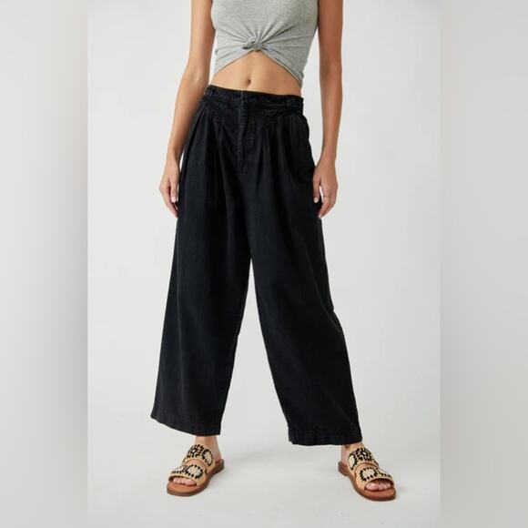 Free People Lotta Love Linen Trouser Tapered Balloon Wide Leg Pants Black sz 0 - Picture 11 of 12